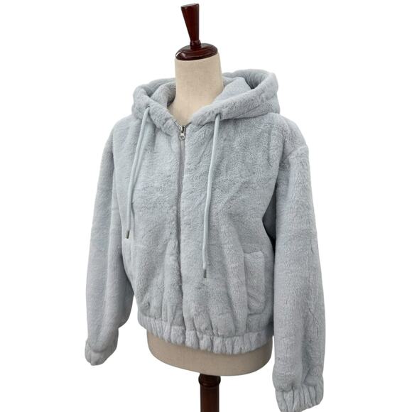 NEW Macy's Planet Heart Blue Fur Zip up Jacket Medium Bomber Hoodie Sweatshirt - Picture 2 of 8